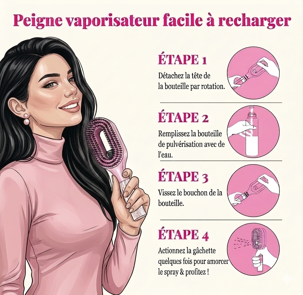 Brosse à cheveux démêlante 3-en-1 avec pulvérisateur