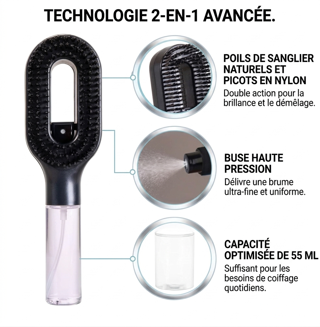 Brosse à cheveux démêlante 3-en-1 avec pulvérisateur