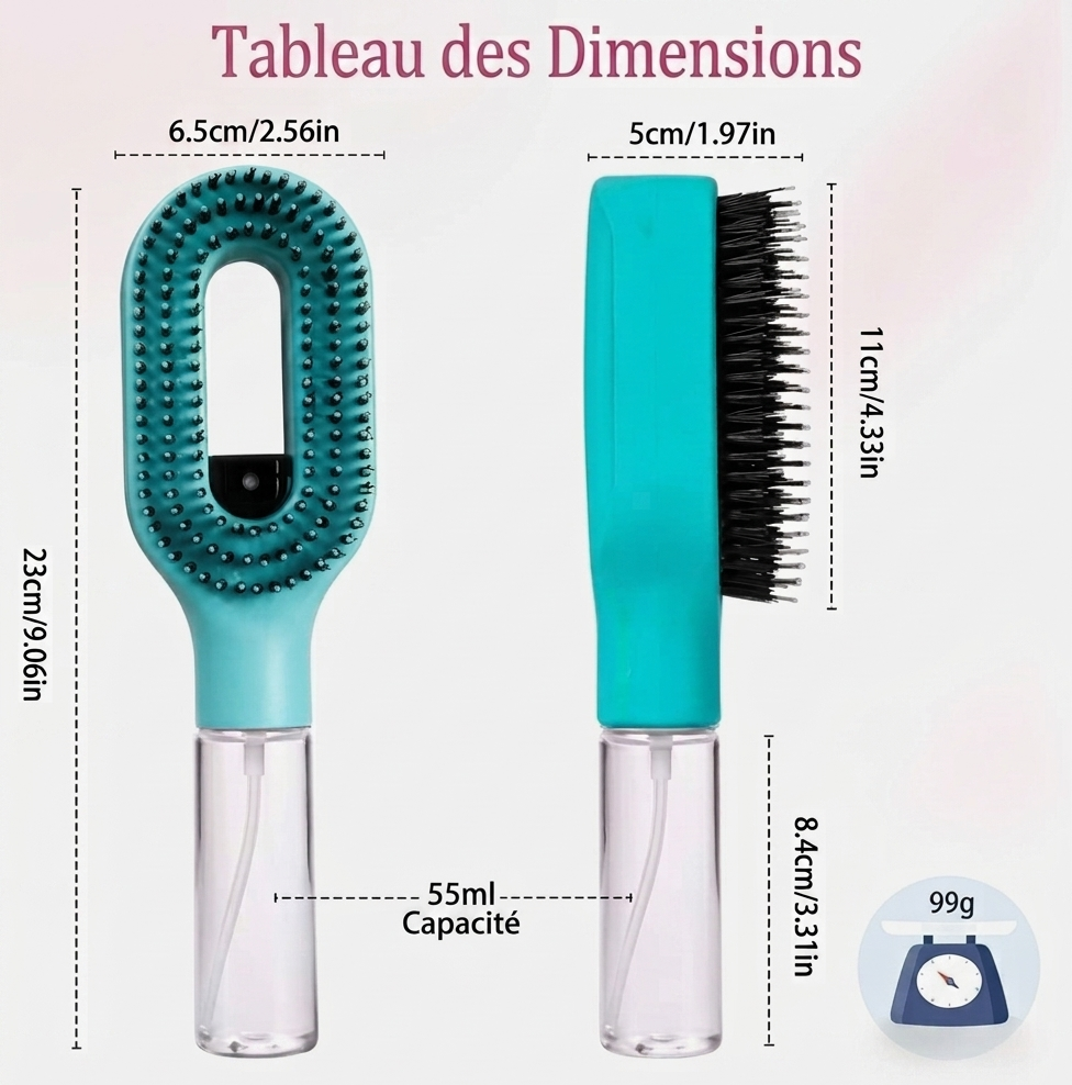 Brosse à cheveux démêlante 3-en-1 avec pulvérisateur
